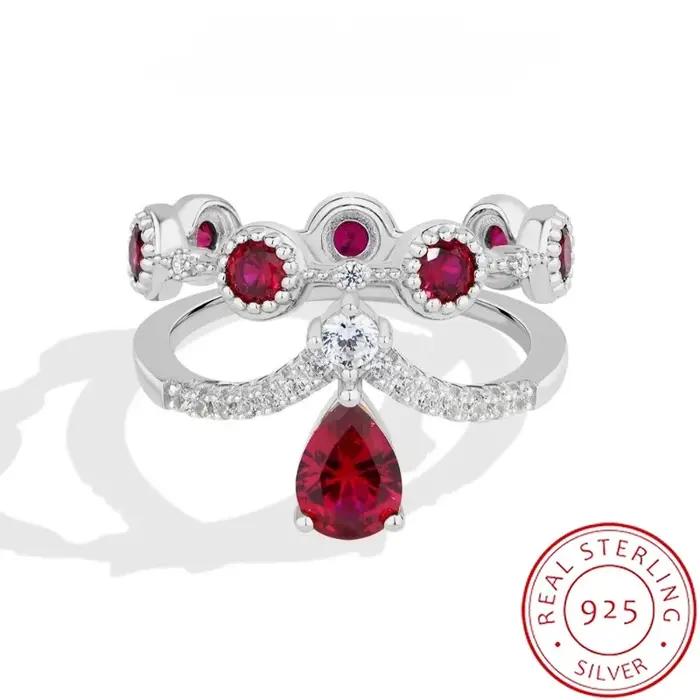Bague Couronne Double Bande de Luxe avec Zircon Rubis Goutte d'Eau