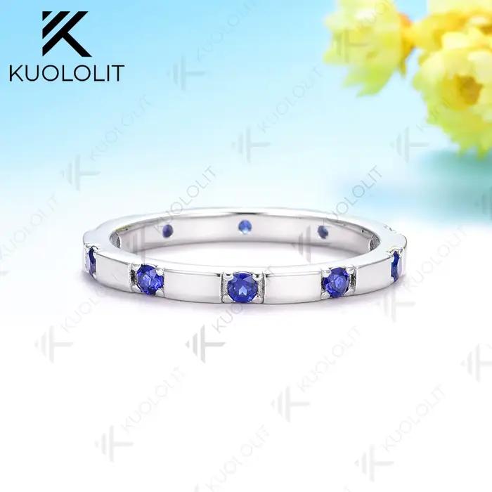 Kuololit 0.3CTW Lab Grown Blue Sapphire Band pour hommes femmes solide 18K 14K 10K or blanc bague de fiançailles en or pour cadeaux de Noël