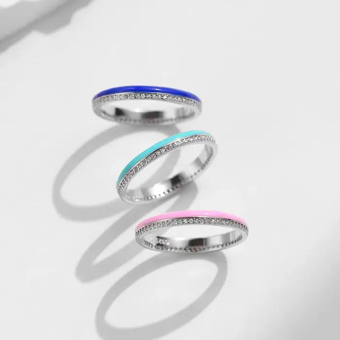 Bague en argent sterling 925 sertie de zirconium blanc et émail bleu pour femmes, bagues de fête empilables, bijoux finement travaillés, alliance de mariage pour occasions spéciales