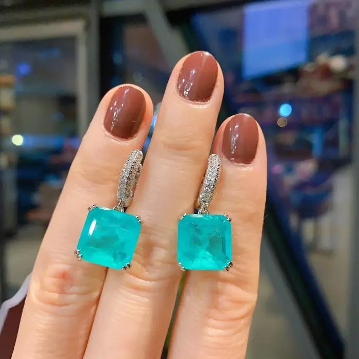 Boucles d'oreilles en argent 925 pour femmes, coupe princesse, Paraiba, Tourmaline, laboratoire, éme