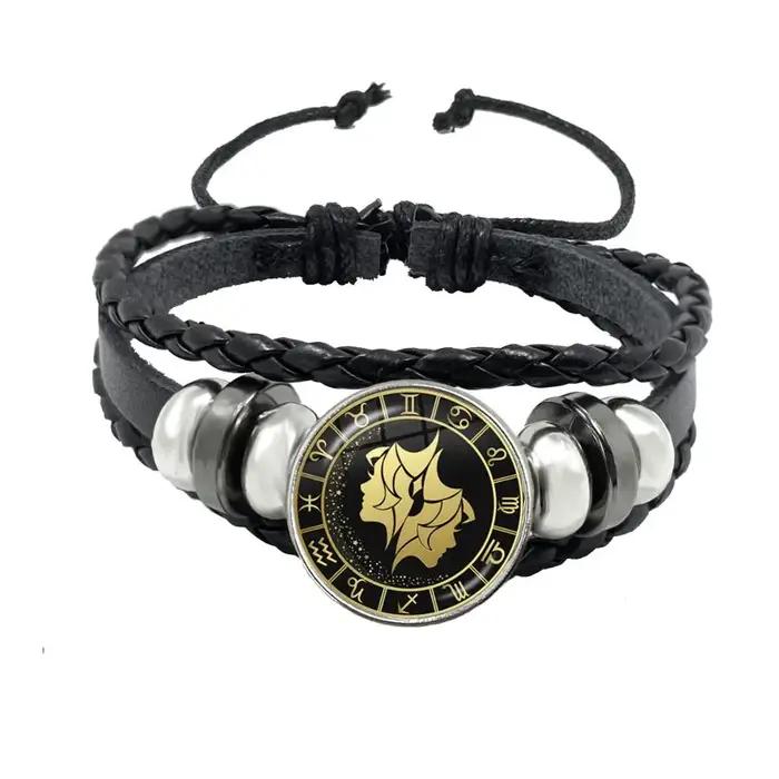 Bracelet des 12 Constellations Scorpion Sagittaire Capricorne Verseau Corde Noire Bouton en Cuir Bijoux du Zodiaque Cadeau Occasion Spéciale