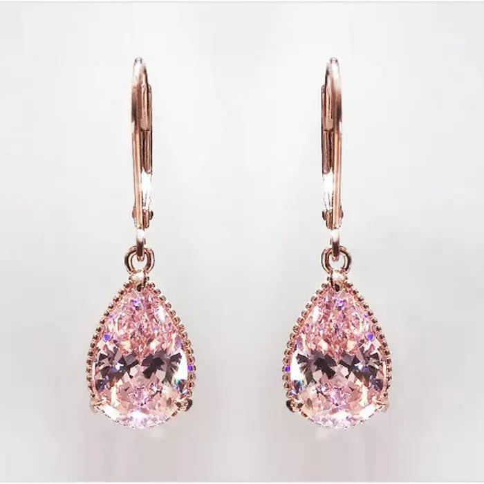 Boucles d'oreilles pendantes en quartz rose naturel pour femme, or rose 18 carats, mode romantique,