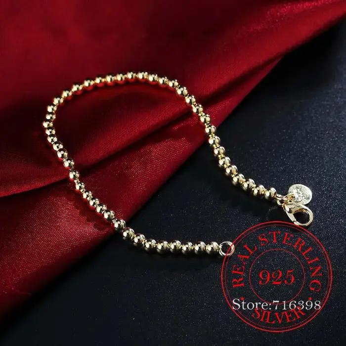 100% réel 925 Bracelet en argent Sterling pour femmes hommes Homme 4MM perles boule chaîne Bracelets