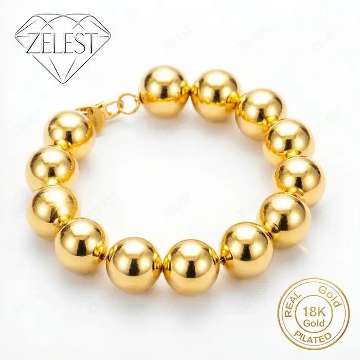 Bracelet en argent sterling 925 plaqué or 18 carats, perles rondes brillantes exquises de 14 mm, 8 p