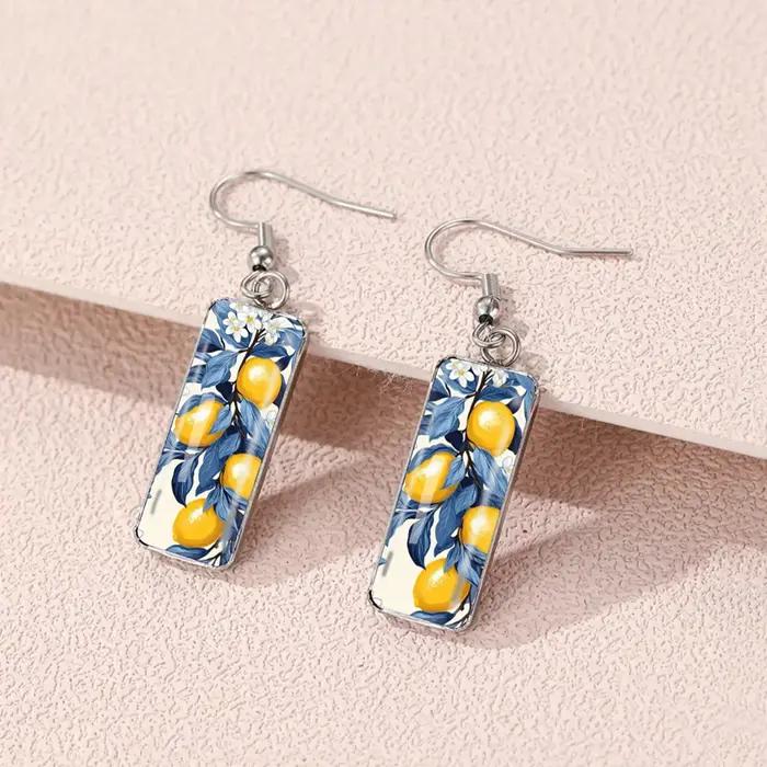 1 paire de boucles d'oreilles à motif de citron avec verre convexe et crochets longs en acier inoxyd