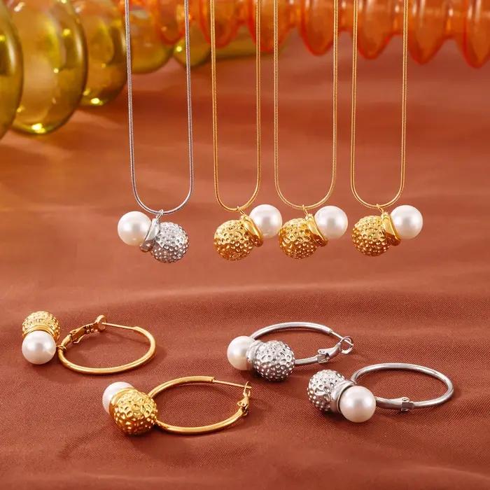Pendentif en acier inoxydable serti de perles d'eau douce en forme de cacahuète pour femmes occasions spéciales collier et boucles d'oreilles ensemble de bijoux minimaliste
