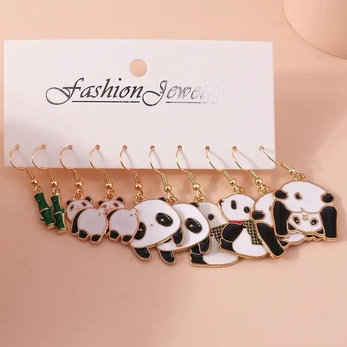 5 paires de jolies boucles d'oreilles Panda en bambou pour femmes et filles