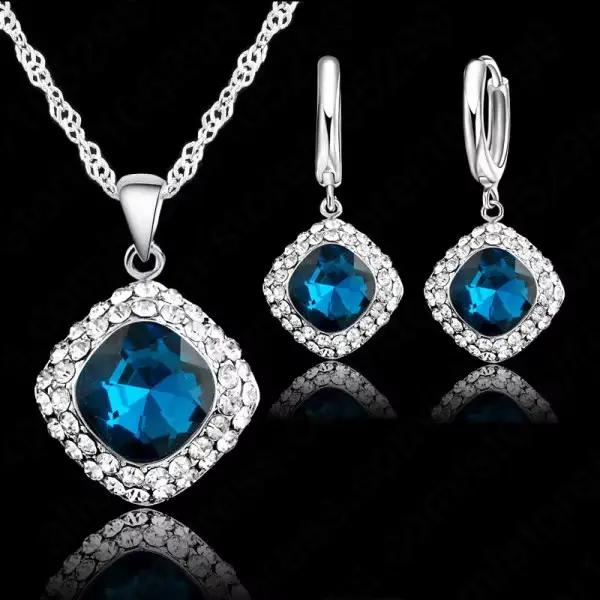 Ensemble de bijoux en strass bleu paon avec pendentif en argent Sterling 925 et cristal blanc pour femmes occassions spéciales mariage fiançailles anniversaire soirée