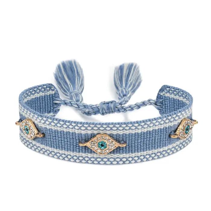 Bracelets tissés mauvais yeux avec breloques, bracelets empilables en tissu