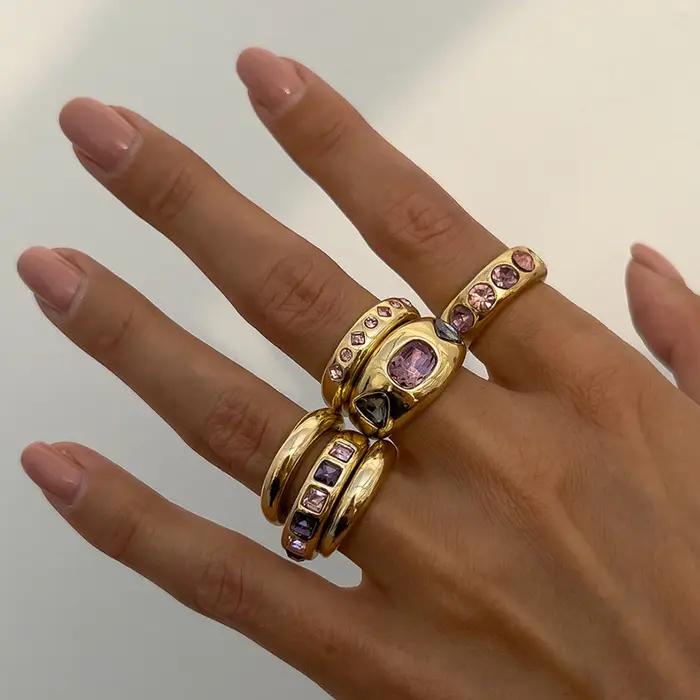 Salircon 6 pièces/ensemble incrusté de zircon violet ensemble de bagues d'ouverture réglable femmes bague de couleur or lisse pour femme bijoux quotidiens cadeau