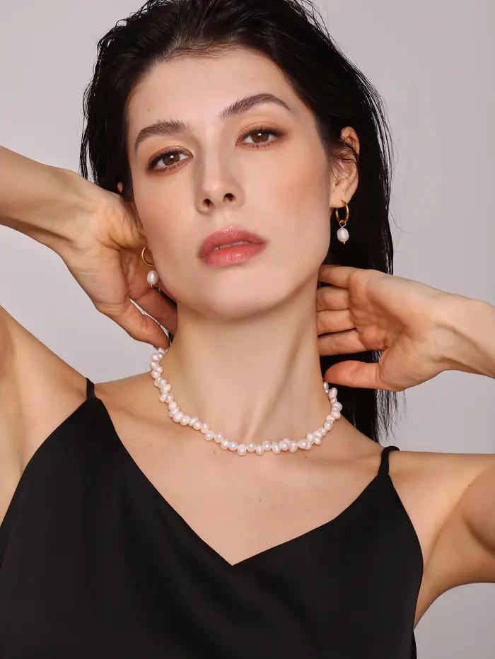 Collier en perles d'eau douce avec bracelet acier inoxydable or clair pour femmes occasions spéciales anniversaire soirée mariage