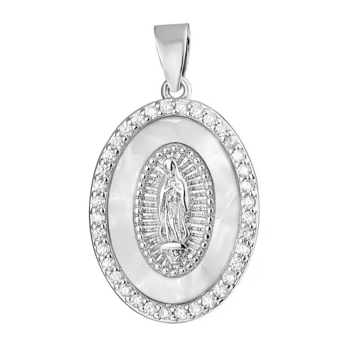 Charm Sainte Vierge Marie plaqué or 18 carats perle coquille émail zircone cubique pour femmes occasions religieuses