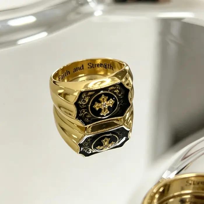 Bague en Agate Noire en Forme de Croix Punk pour Homme Occasions Spéciales Anniversaire Symbolisme Foi et Pouvoir