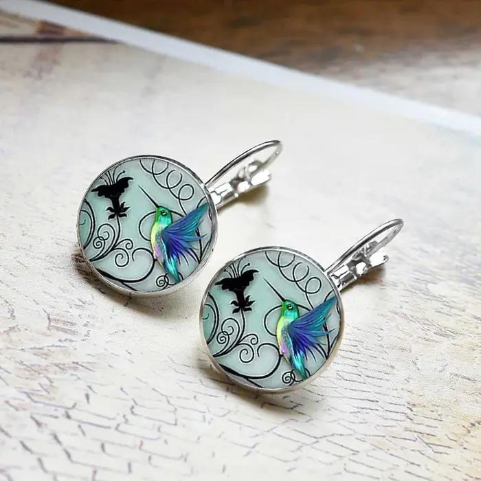 Mignon rond colibri dôme en verre Cabochon pendentifs colliers oiseau forêt tropicale bijoux accessoires