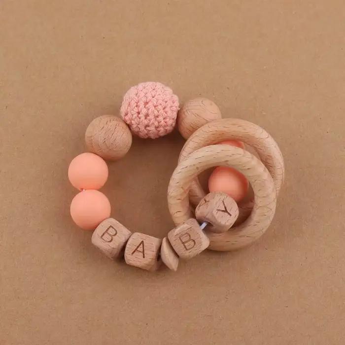 Bracelet de dentition pour bébé, fait à la main, nom personnalisé gratuit, artisanat en bois, perle