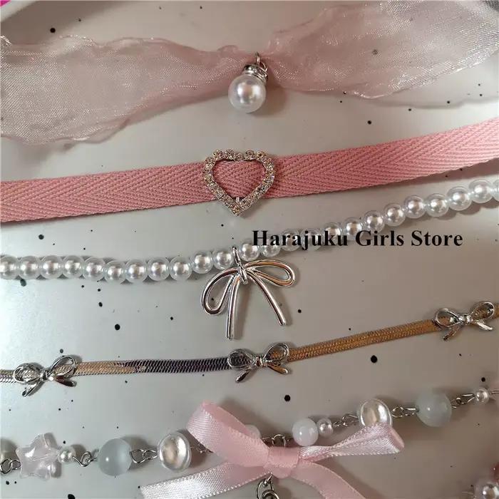 Chapelet coeur arc Fairycore perles tour de cou rose dentelle collier Y2K Pixie