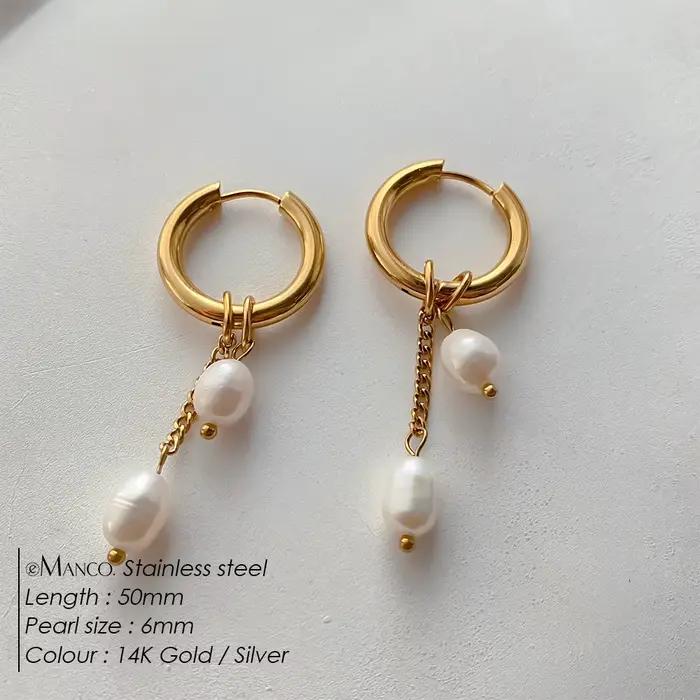 Boucles d'oreilles pendantes en perles d'eau douce de style minimaliste EManco, idéales pour les rendez-vous et les looks chics de bureau, bijoux en acier inoxydable
