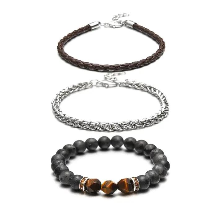 Ensemble de 3 bracelets en cuir véritable et chaîne en acier inoxydable
