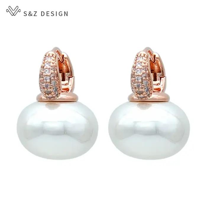 S & Z DESIGN nouvelle mode pain rond grande perle boucles d'oreilles pour les femmes bijoux de mariage cadeau tempérament cubique zircone Eardrop