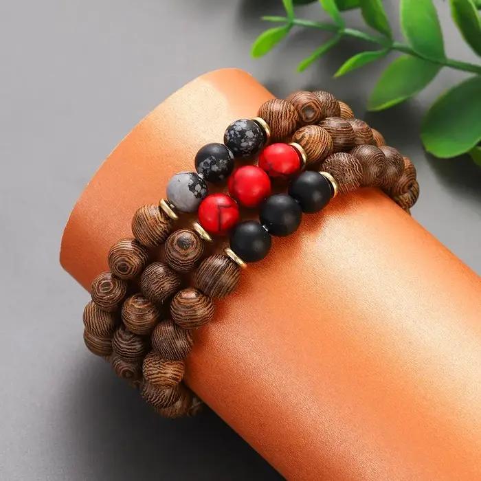 Bracelet ethnique tibétain en bois naturel pour hommes et femmes