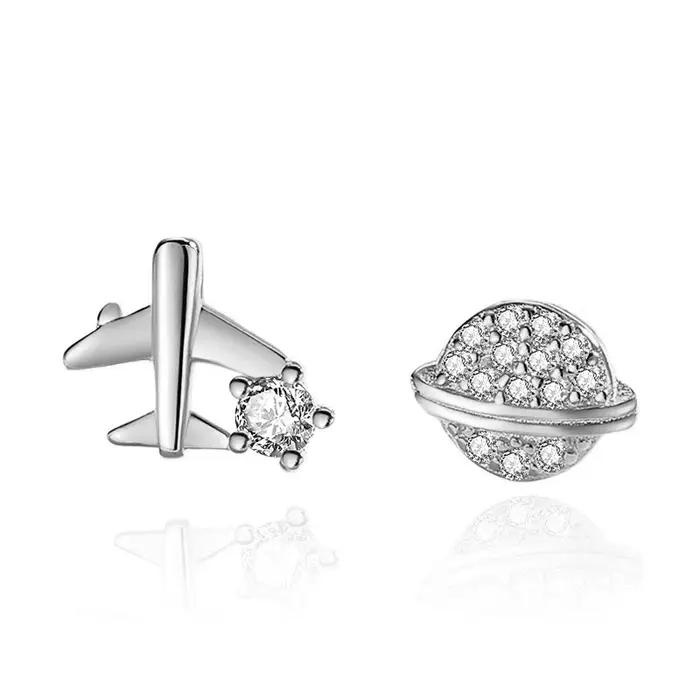 Trustdavis – boucles d'oreilles simples en argent 925 véritable, motif planète et avion, pour femmes