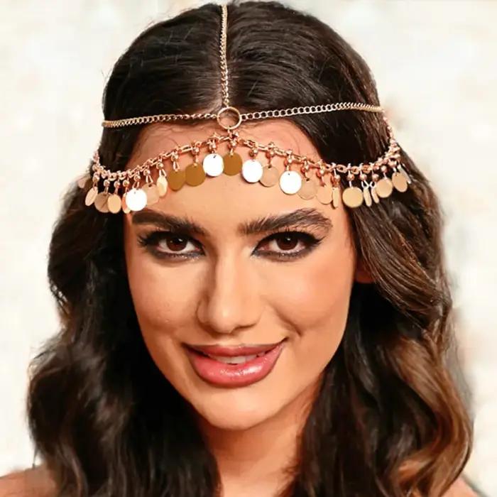 Nouvelle mode Bijou de tête de mariage en métal doré avec sequins ronds et pampilles