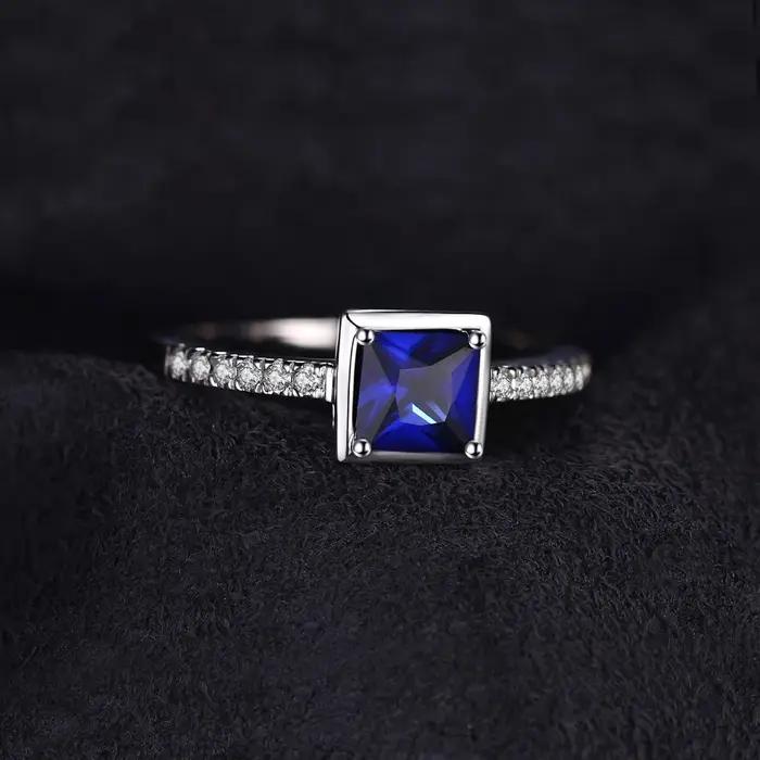 Bague carrée en argent Sterling 925 avec saphir bleu pour femmes