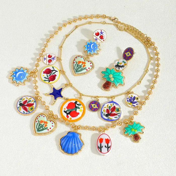 Collier et Boucles d'Oreilles en Résine Or Jaune Clair Unique Design Vintage Fleurs de Palmier Accessoire Bijoux Occasion Spéciale Femme