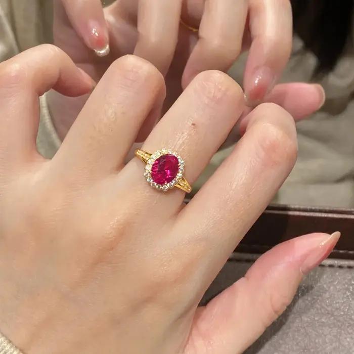 Bagues elliptiques classiques luxueuses en rubis Rose pour femmes