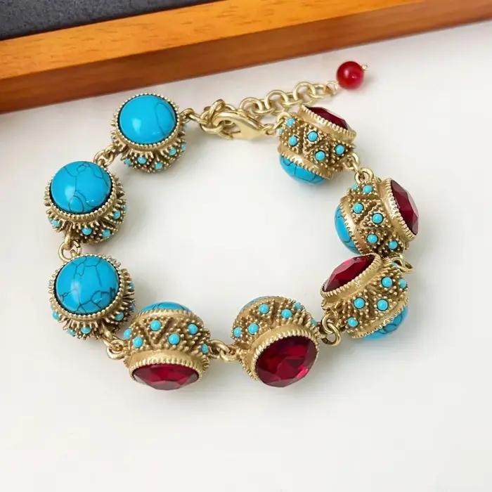 Bracelet Bohème Rétro Turquoise & Rubis Style Palais Luxe Vintage Chaîne de Main pour Femme