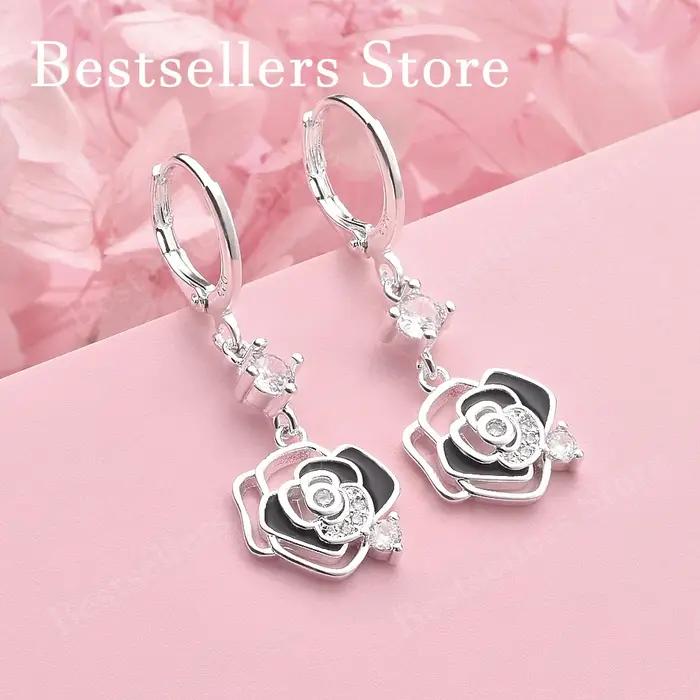 Boucles d'oreilles en argent sterling 925 avec zircon camélia pour femmes style moderne pour anniversaire et mariage