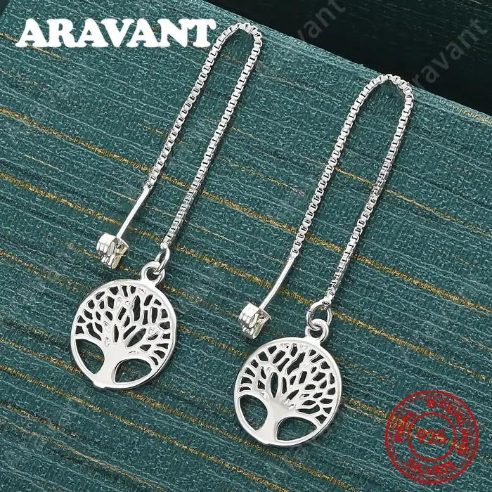 Boucles d'oreilles longues avec pendentif arbre de vie en argent sterling 925, accessoires de déplac