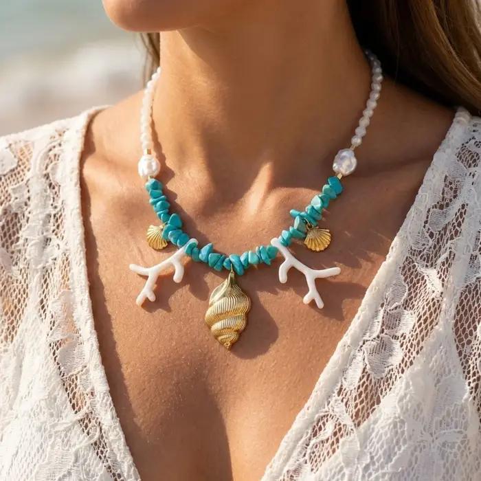 Collier en résine coquillage métallique et pierres concassées de corail pour femmes et hommes