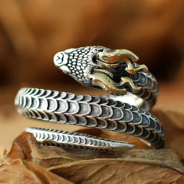 Grand anneau en argent Sterling S925 pour hommes, anneau ouvert serpent à cornes, mode Unique Rock P