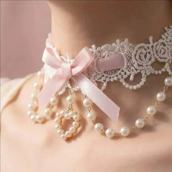 Collier en dentelle perlée Sweet Lolita Y2K avec ruban pour femme
