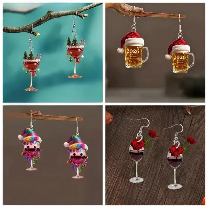 Boucles d'oreilles de noël en forme de Rose, grande tasse de vin, pour carnaval, verre à vin secoué, en acrylique, nouvelles boucles d'oreilles amusantes, cadeaux en gros, 2025