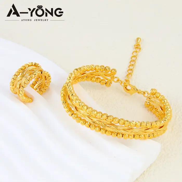Ensemble de bracelets et bagues de mariage de luxe, perles de dubaï, plaqué or 24 carats, bracelets