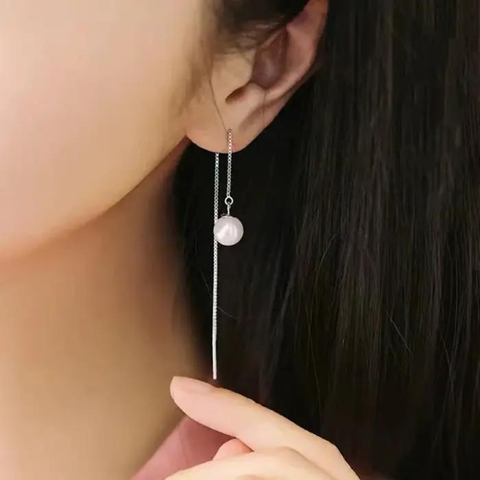 Seulement 925 en argent Sterling boucles d'oreilles élégantes pour les femmes enfileur perle boucle d'oreille balancent oreille ligne longue chaîne bijoux de mode