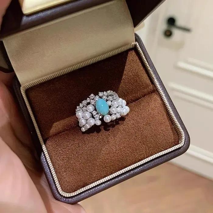 Bague vintage en argent 925 avec diamant incrusté de perles turquoise