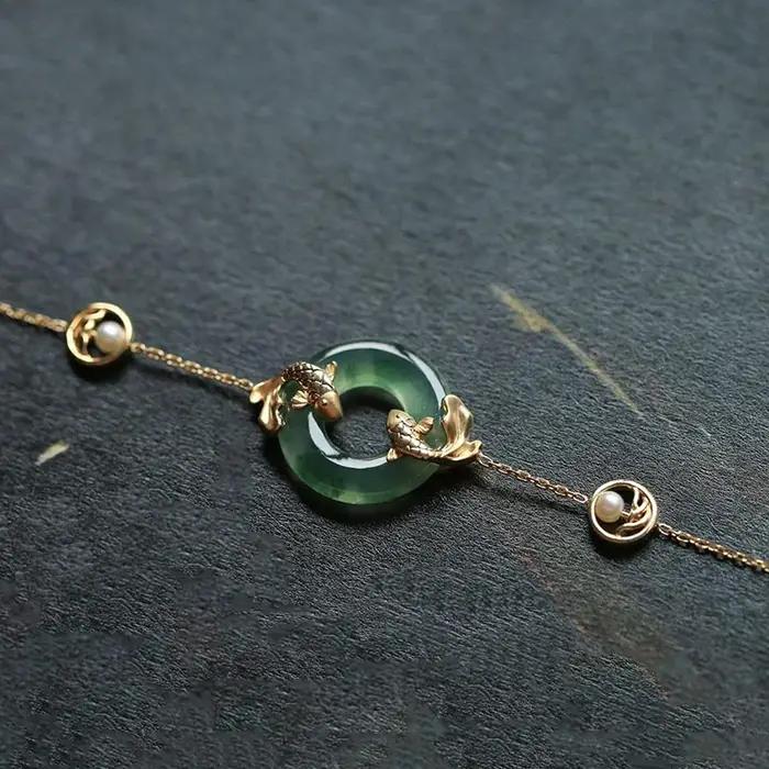 Bracelet en calcédoine naturelle hetian perles rondes de carpe vintage engagement femme occasions spéciales