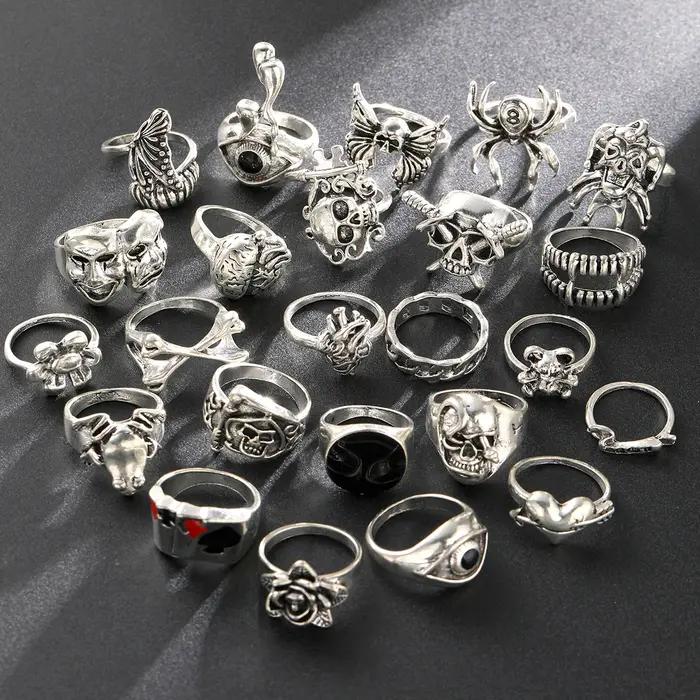 24 pièces gothique squelette unisexe ensemble de bagues Punk Grunge papillon grenouille femme homme bijoux Hip Hop fête rue anneau accessoires cadeau