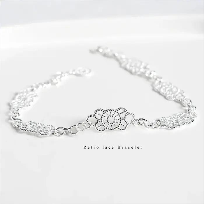 Bracelet en argent sterling 925 dentelle élégant pour femmes motifs géométriques fine bijou occasions spéciales