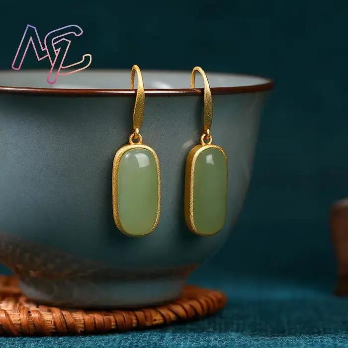 Boucles d'oreilles en Jade naturel porte-bonheur, accessoires de mode de luxe, pierre précieuse sculptée, bijoux réels, breloque de styliste Vintage