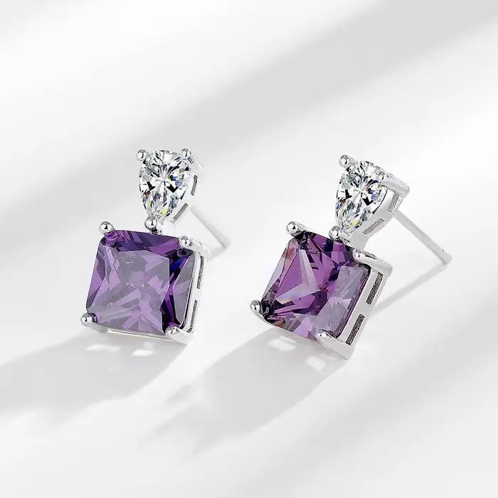Boucles d'oreilles pendantes en cristal violet pour femmes, zircon taillé carré en forme de goutte d'eau, clous d'oreilles en argent 925, bijoux de mariée