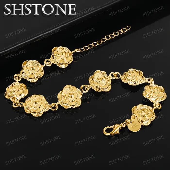 SHSTONE 18K or fleur de Lotus lien Bracelets pour femme fête mariage fiançailles noël anniversaire mode bijoux dame cadeau
