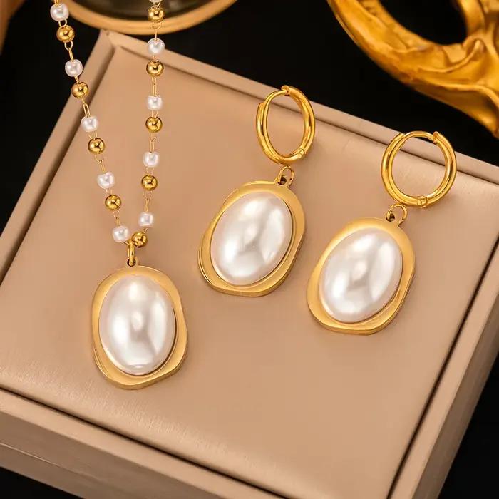 ASONSTEEL luxe Imitation perle pendentif collier boucles d'oreilles ensembles de bijoux en acier inoxydable pour les