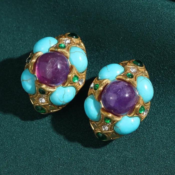 Boucles d'oreilles Vintage bleu Turquoise, pierre naturelle violette, bijoux de luxe de styliste rét