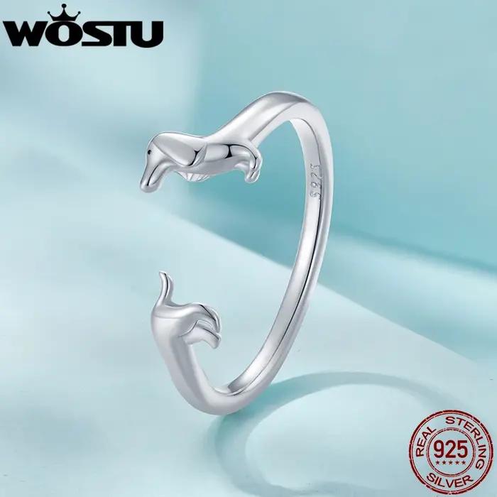 WOSTU réel 925 en argent Sterling mignon teckel chien anneaux réglables pour les femmes Original ouvert Animal anneau Fine famille bijoux cadeau