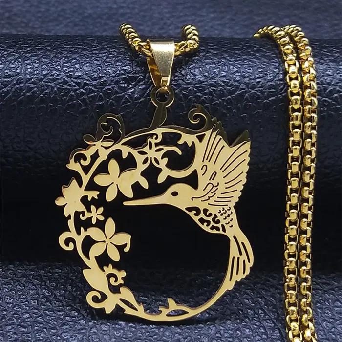 Collier de fleurs de colibri d'oiseau pour femmes et hommes, en acier inoxydable, couleur or, penden