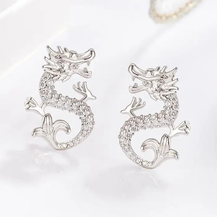 Boucles d'oreilles dragon en cristal pour femme, argent regardé 925, bijoux de créateur de luxe, mei